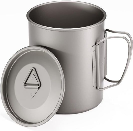 Titanium Mug,450ml/15 oz Outdoor Titanium Camping Mug with Lid,Camping Coffee Cup with Foldable Handle,Camping Titanium Pot for Hiking Travelling Backpacking Camping Open Fire