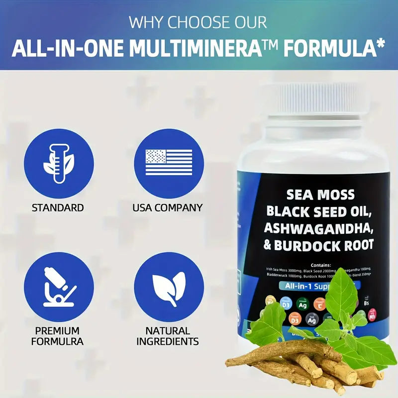 Sea Moss 3000mg Black Seed Oil 2000mg Ashwagandha 1000mg Turmeric 1000mg Blad